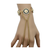 New Women Silver Metal Hand Chain Bracelet Connected Ring Lion Coin Medallion Charms (Copy)